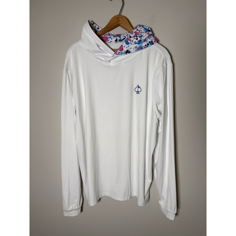 Pins & Aces Performance Golf Hoodie White Blue Splatter Logo Mens Size XXL